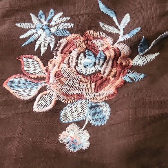 Fig And Flower Floral Embroidered Earthy Brown Button‎ Down Lightweight Size L - Picture 3 of 6